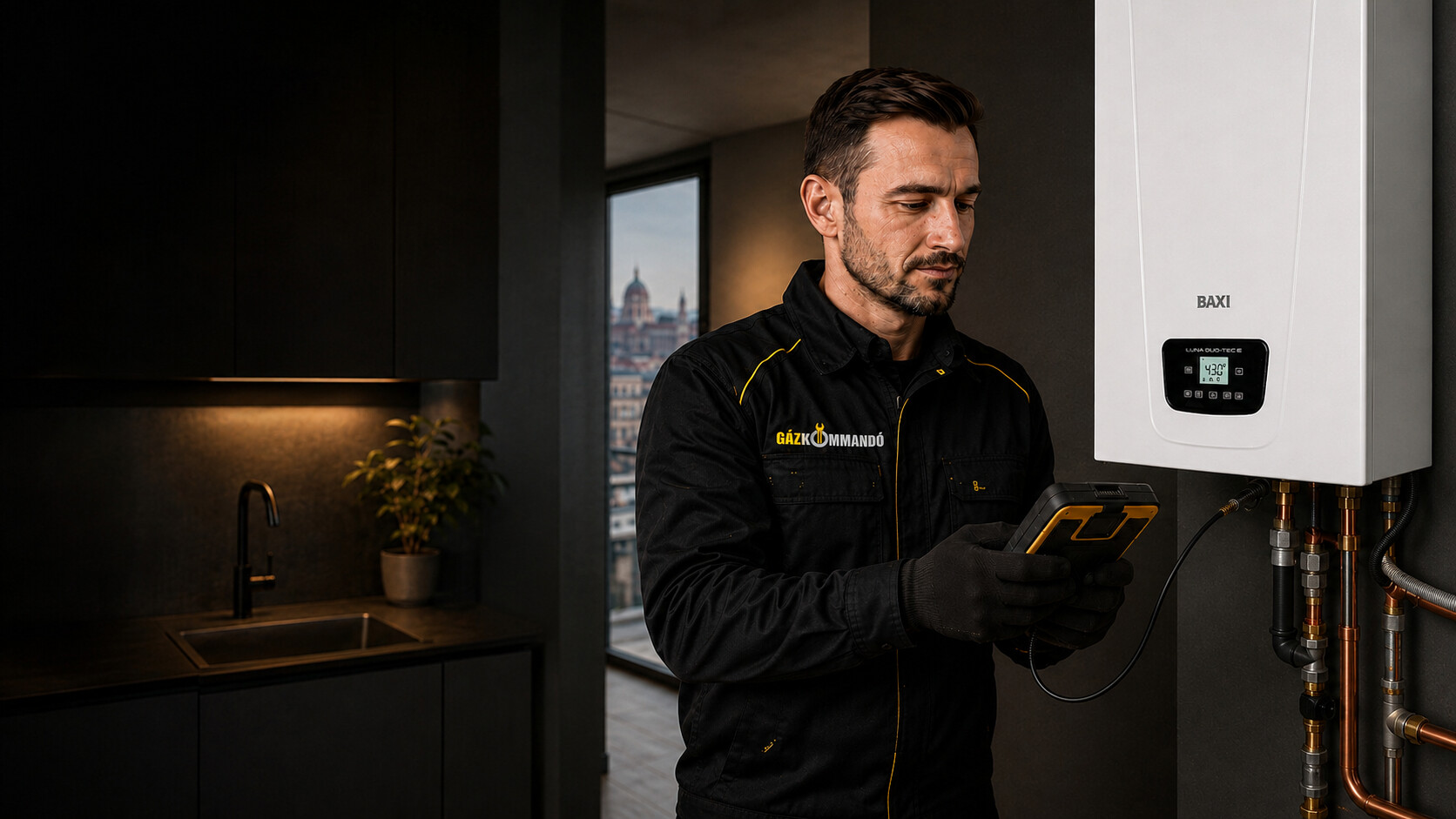 Gázkommandó szerelő Baxi Luna Duo-tec E kazánt vizsgál