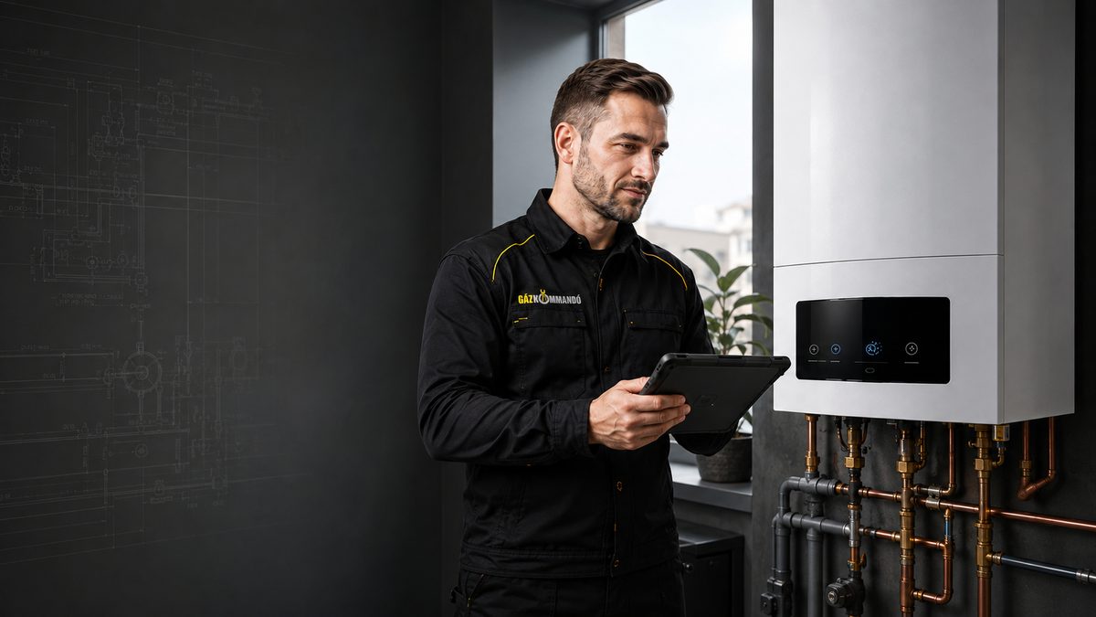 Gázkommandó szerelő gázkazánt diagnosztizál tablettel