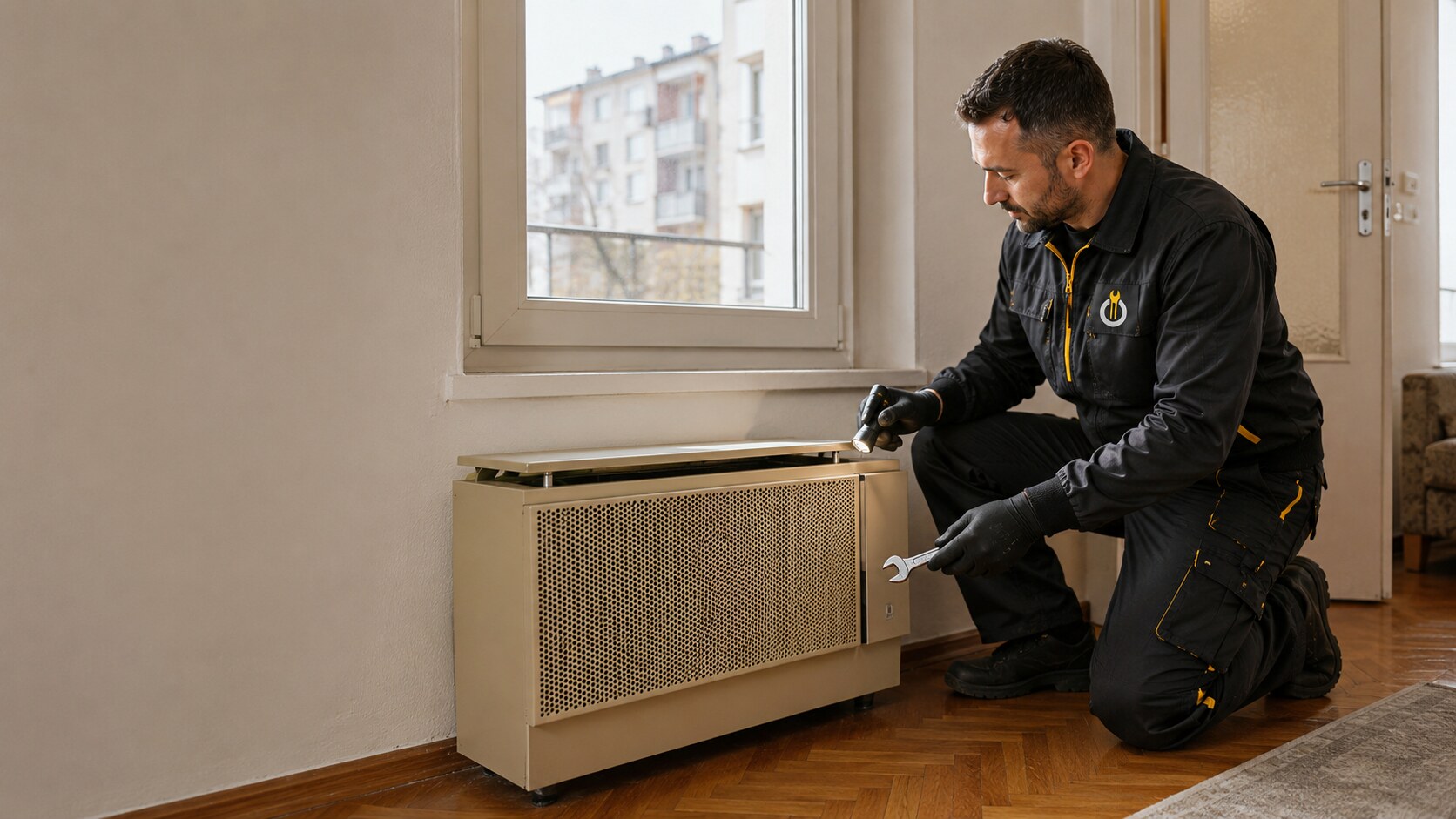 Gázkommandó szerelő hagyományos gázkonvektort vizsgál egy budapesti lakásban