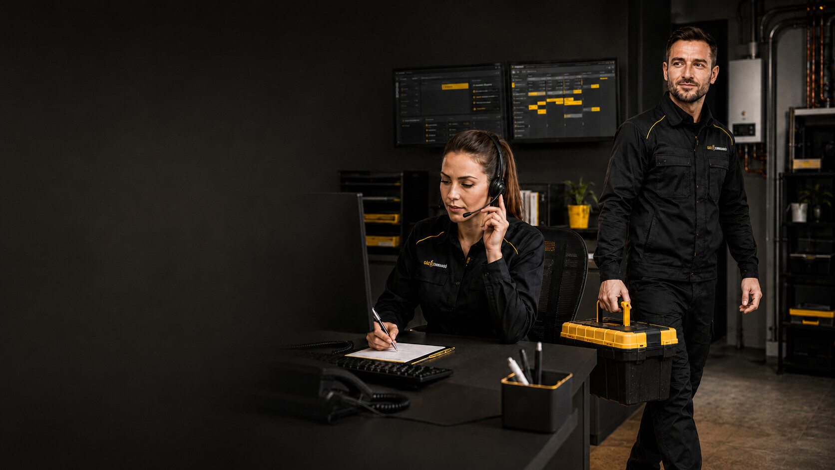 A Gázkommandó diszpécsere telefonon fogadja a hibabejelentést, miközben a szerelő szerszámosládával indul.