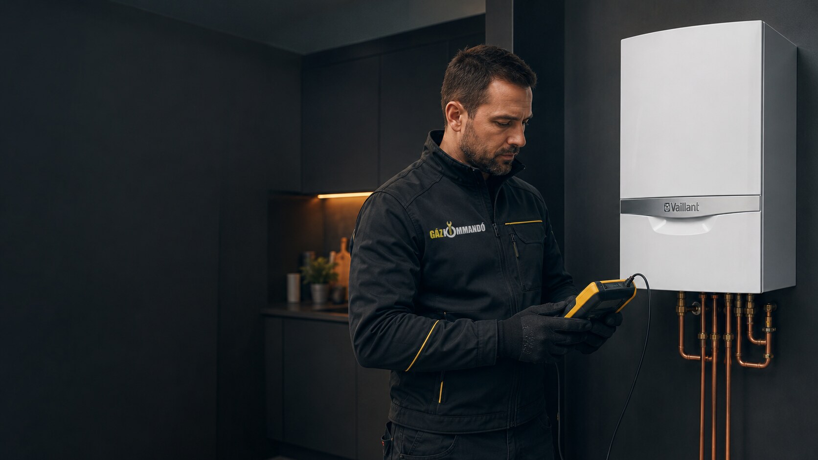 Gázkommandó szerelő Vaillant ecoTEC plus kazánt vizsgál